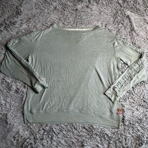 Peace Love World Shirt Womens Medium Green Rouche Sleeves Peaceful Soft